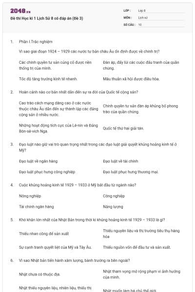 Đề thi Học kì 1 Lịch Sử 8 có đáp án (Đề 3)