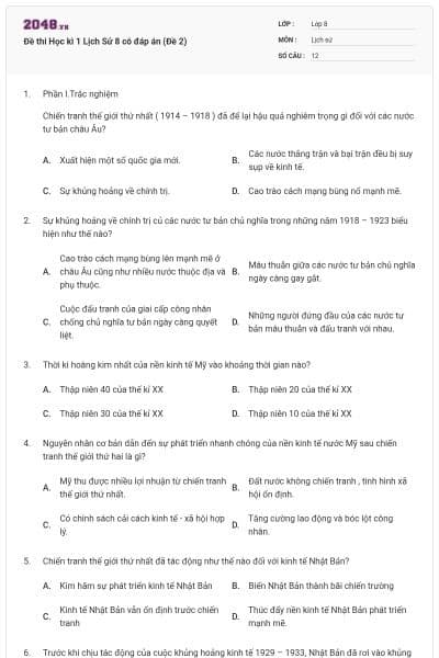 Đề thi Học kì 1 Lịch Sử 8 có đáp án (Đề 2)