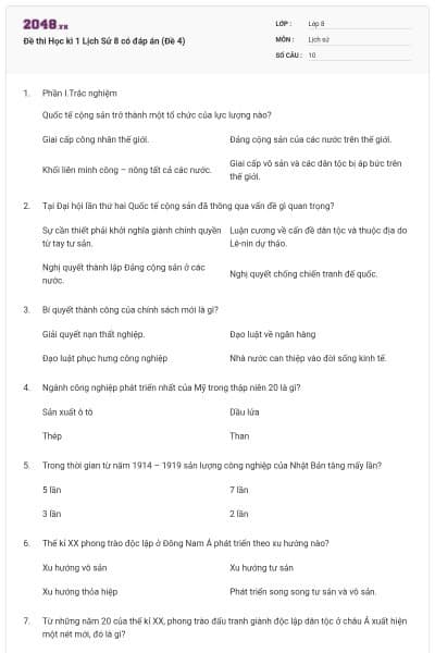 Đề thi Học kì 1 Lịch Sử 8 có đáp án (Đề 4)