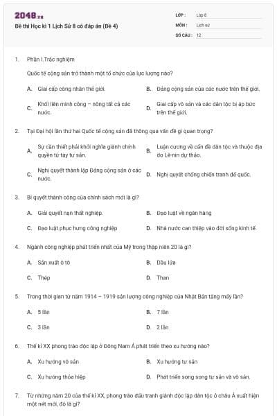 Đề thi Học kì 1 Lịch Sử 8 có đáp án (Đề 4)