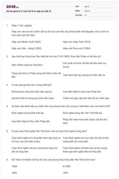 Đề thi giữa kì 2 Lịch Sử 8 có đáp án (Đề 3)