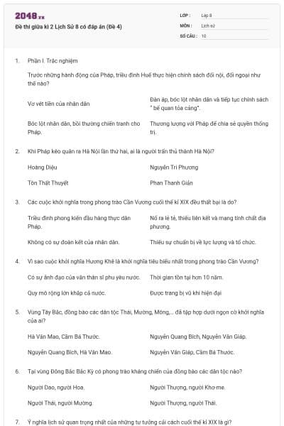 Đề thi giữa kì 2 Lịch Sử 8 có đáp án (Đề 4)