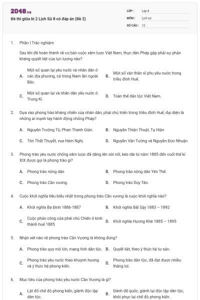 Đề thi giữa kì 2 Lịch Sử 8 có đáp án (Đề 2)