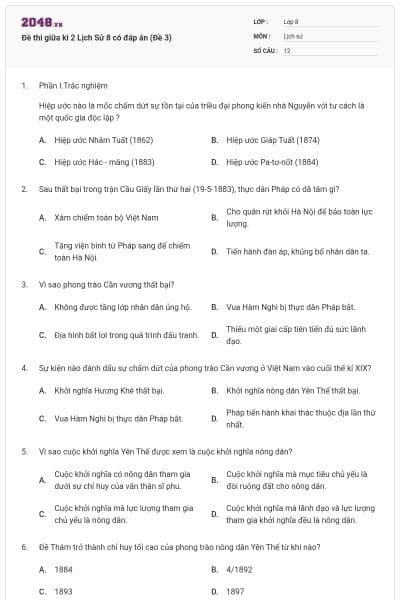 Đề thi giữa kì 2 Lịch Sử 8 có đáp án (Đề 3)
