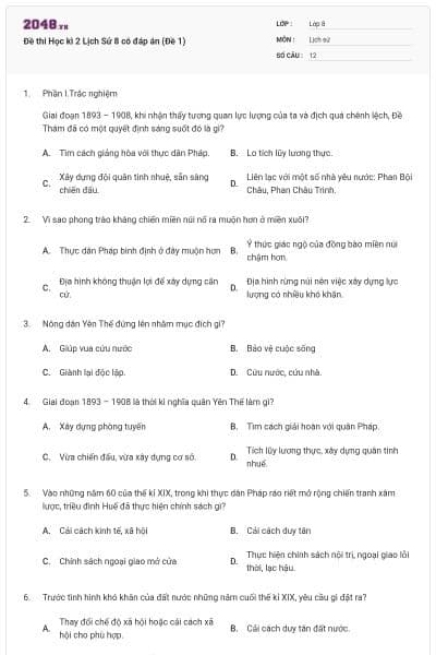Đề thi Học kì 2 Lịch Sử 8 có đáp án (Đề 1)