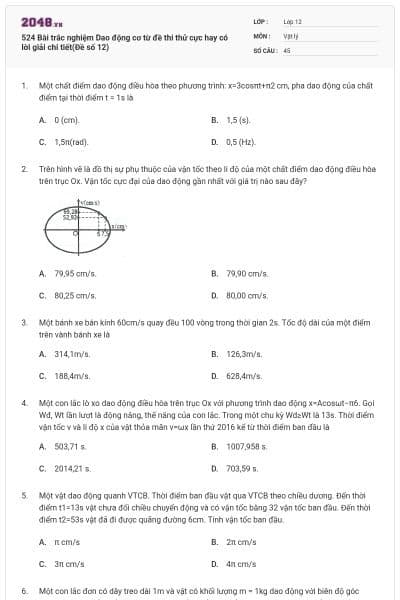 524 Bài trắc nghiệm Dao động cơ từ đề thi thử cực hay có lời giải chi tiết(Đề số 12)