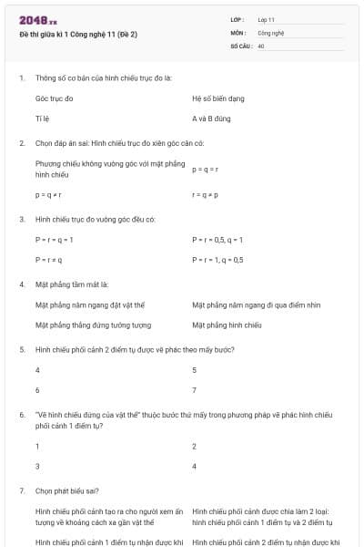 Đề thi giữa kì 1 Công nghệ 11 (Đề 2)