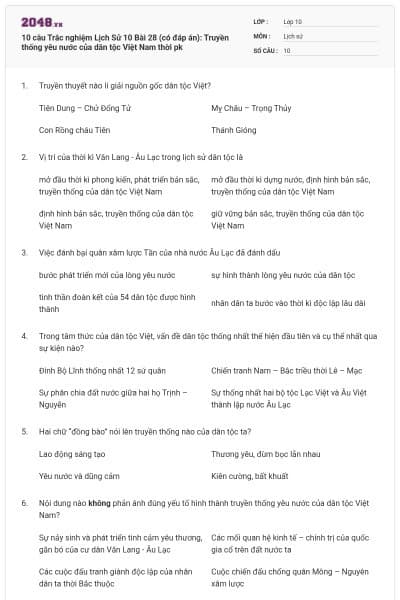 10 câu  Trắc nghiệm Lịch Sử 10 Bài 28 (có đáp án): Truyền thống yêu nước của dân tộc Việt Nam thời pk