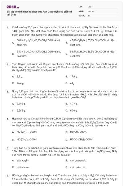 Bài tập về tính chất hóa học của Axit Cacboxylic có giải chi tiết (P3)
