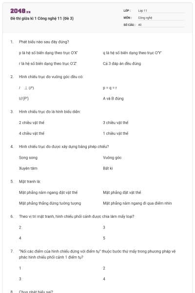Đề thi giữa kì 1 Công nghệ 11 (Đề 3)