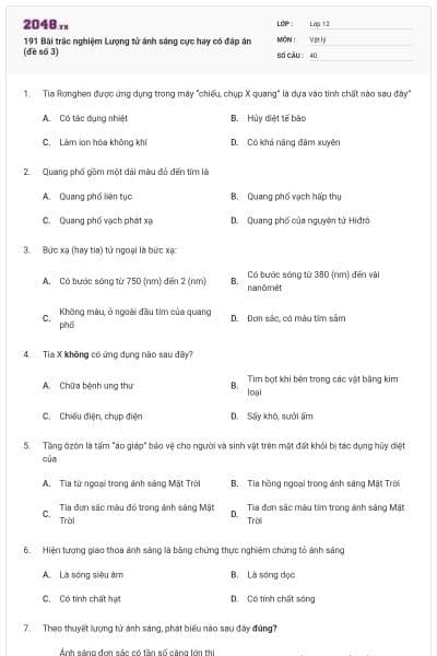 191 Bài trắc nghiệm Lượng tử ánh sáng cực hay có đáp án (đề số 3)