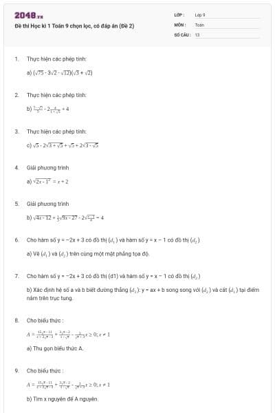 Đề thi Học kì 1 Toán 9 chọn lọc, có đáp án (Đề 2)