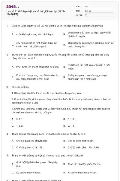 Lịch sử 11 (Có đáp án) Lịch sử thế giới hiện đại (1917-1945) (P2)
