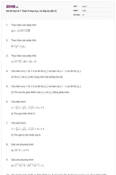 Đề thi Học kì 1 Toán 9 chọn lọc, có đáp án (Đề 3)