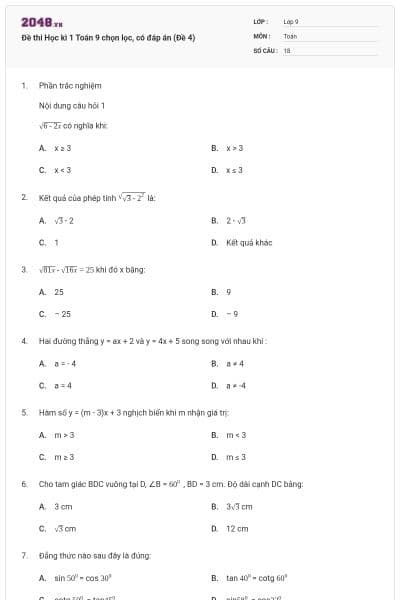Đề thi Học kì 1 Toán 9 chọn lọc, có đáp án (Đề 4)