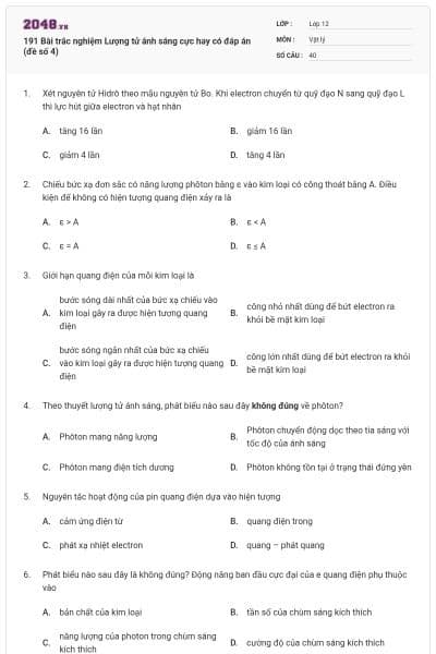 191 Bài trắc nghiệm Lượng tử ánh sáng cực hay có đáp án (đề số 4)