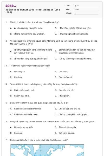 Đề kiểm tra 15 phút Lịch Sử 10 Học kì 1 (có đáp án - Lần 2 - Đề 1)