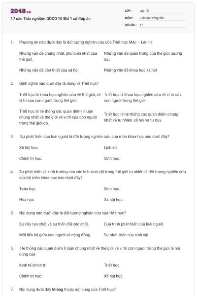 17 câu Trắc nghiệm GDCD 10 Bài 1 có đáp án