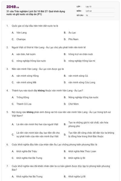 31 câu Trắc nghiệm Lịch Sử 10 Bài 27: Quá trình dựng nước và giữ nước có đáp án (P1)