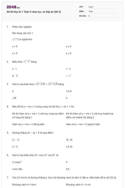 Đề thi Học kì 1 Toán 9 chọn lọc, có đáp án (Đề 5)