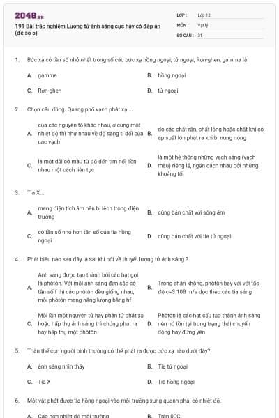 191 Bài trắc nghiệm Lượng tử ánh sáng cực hay có đáp án (đề số 5)