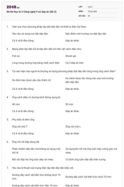 Đề thi Học kì 2 Công nghệ 9 có đáp án (Đề 3)