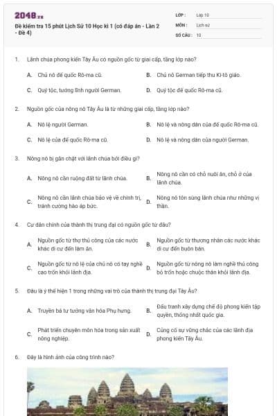 Đề kiểm tra 15 phút Lịch Sử 10 Học kì 1 (có đáp án - Lần 2 - Đề 4)