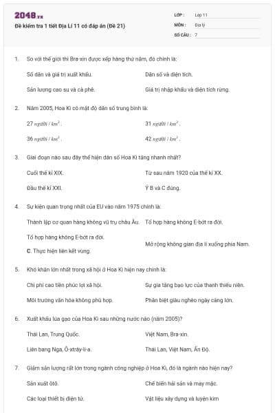 Đề kiểm tra 1 tiết Địa Lí 11 có đáp án (Đề 21)