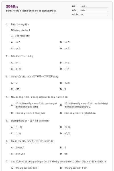 Đề thi Học kì 1 Toán 9 chọn lọc, có đáp án (Đề 5)