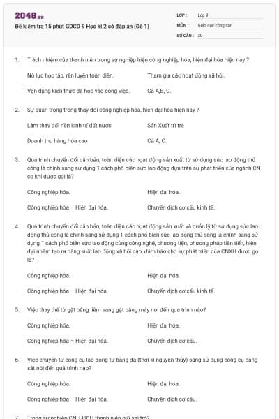 Đề kiểm tra 15 phút GDCD 9 Học kì 2 có đáp án (Đề 1)