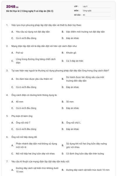 Đề thi Học kì 2 Công nghệ 9 có đáp án (Đề 3)