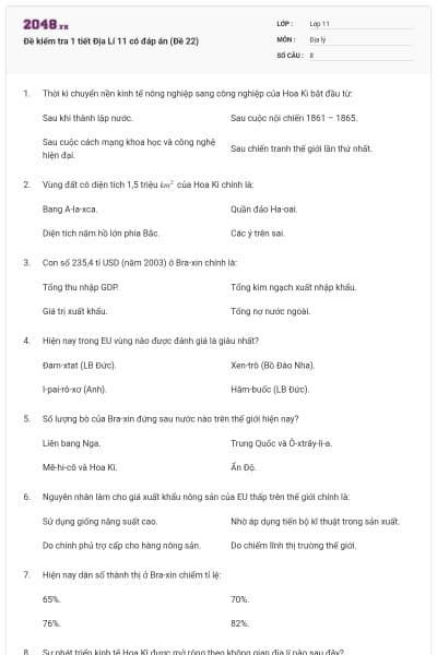 Đề kiểm tra 1 tiết Địa Lí 11 có đáp án (Đề 22)