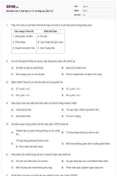 Đề kiểm tra 1 tiết Địa Lí 11 có đáp án (Đề 21)