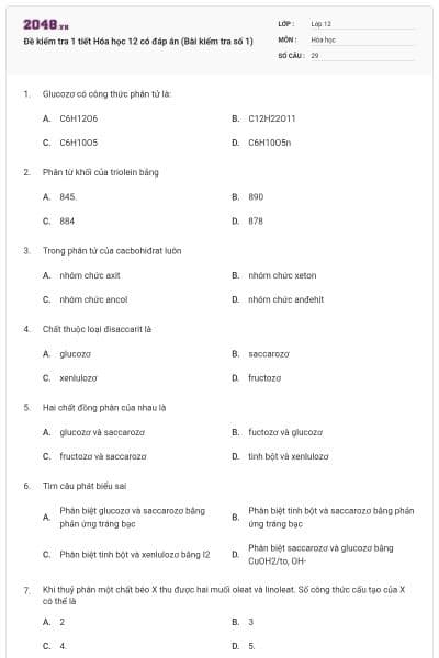 Đề kiểm tra 1 tiết Hóa học 12 có đáp án (Bài kiểm tra số 1)
