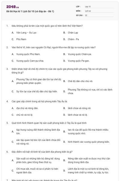 Đề thi Học kì 1 Lịch Sử 10 (có đáp án - Đề 1)