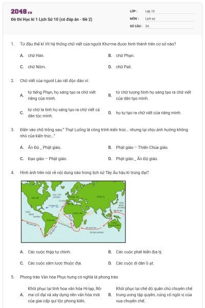 Đề thi Học kì 1 Lịch Sử 10 (có đáp án - Đề 2)