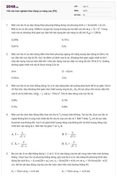 150 câu trắc nghiệm Dao động cơ nâng cao (P6)
