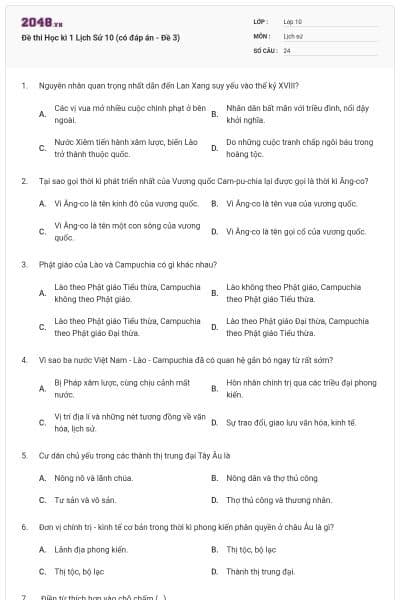 Đề thi Học kì 1 Lịch Sử 10 (có đáp án - Đề 3)