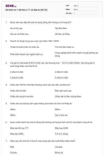 Đề kiểm tra 1 tiết Địa Lí 11 có đáp án (Đề 23)
