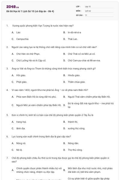 Đề thi Học kì 1 Lịch Sử 10 (có đáp án - Đề 4)