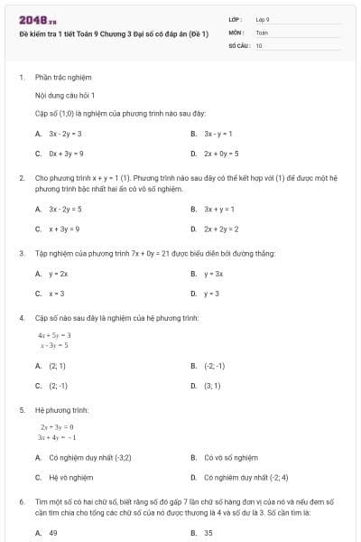 Đề kiểm tra 1 tiết Toán 9 Chương 3 Đại số có đáp án (Đề 1)