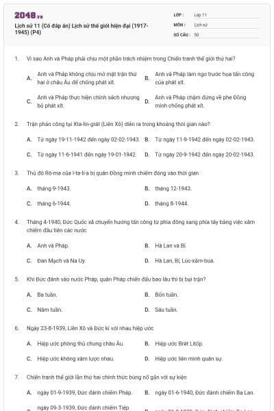 Lịch sử 11 (Có đáp án) Lịch sử thế giới hiện đại (1917-1945) (P4)