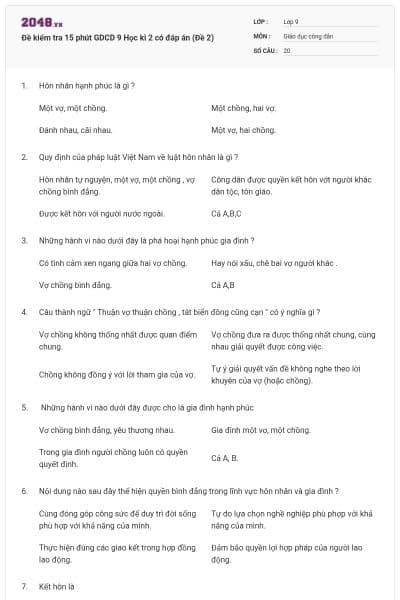 Đề kiểm tra 15 phút GDCD 9 Học kì 2 có đáp án (Đề 2)