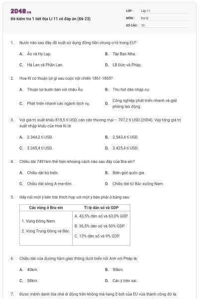 Đề kiểm tra 1 tiết Địa Lí 11 có đáp án (Đề 23)