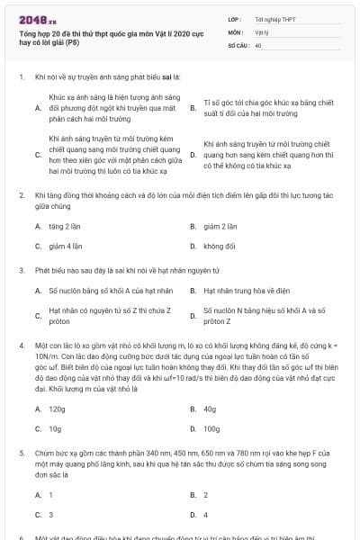 Tổng hợp 20 đề thi thử thpt quốc gia môn Vật lí 2020 cực hay có lời giải (P8)