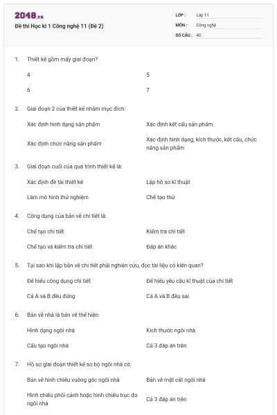 Đề thi Học kì 1 Công nghệ 11 (Đề 2)