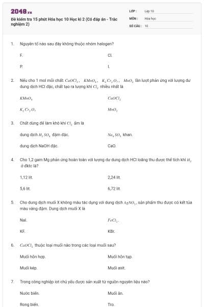 Đề kiểm tra 15 phút Hóa học 10 Học kì 2 (Có đáp án - Trắc nghiệm 2)