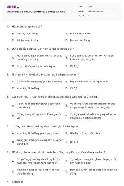 Đề kiểm tra 15 phút GDCD 9 Học kì 2 có đáp án (Đề 2)