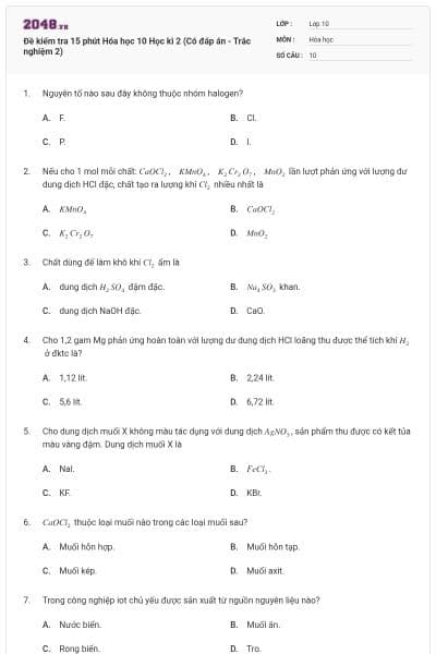 Đề kiểm tra 15 phút Hóa học 10 Học kì 2 (Có đáp án - Trắc nghiệm 2)