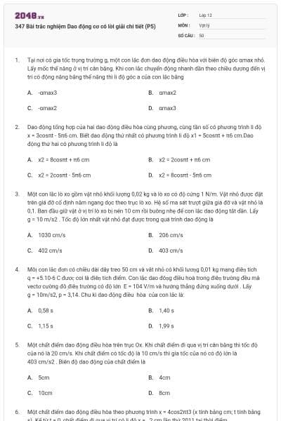 347 Bài trắc nghiệm Dao động cơ có lời giải chi tiết (P5)